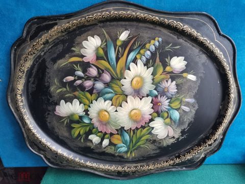 Поднос старинный Жостово ромашки колокольчики Артель Металлоподнос роспись 1 половина 20 в посуда — продан за 6 500 ₽