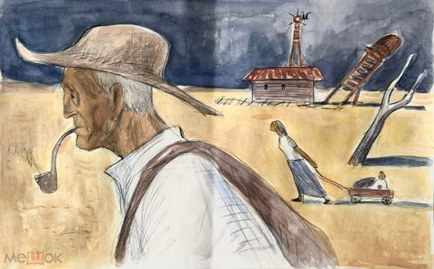 Мужчина с курительной трубкой и его семья. Иллюстрация. Графика — продан за 15 000 ₽